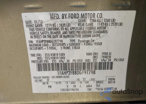 2013 Ford Taurus Limited z USA, uszkodzony, nr VIN 1FAHP2F88DG197798